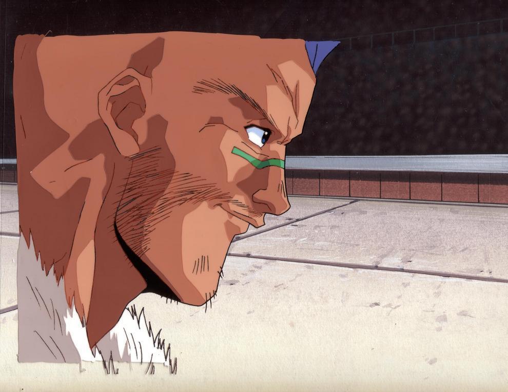 Chu Fighting Yusuke during the Dark Tournament. A1 Key cel, Good condition. Matching partial sketch, non-matching background. Measures 12x9in or 30x23cm.